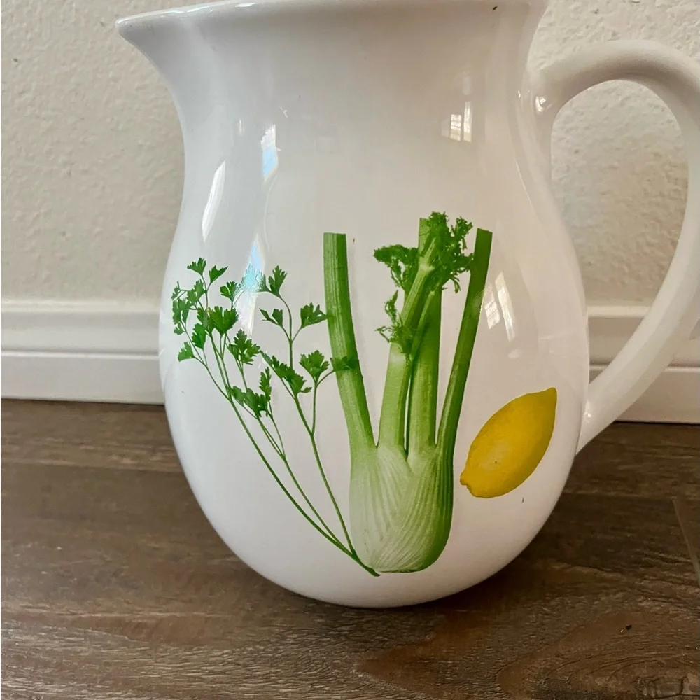 White Ceramic Pitcher with Herb and Lemon Design from Portugal